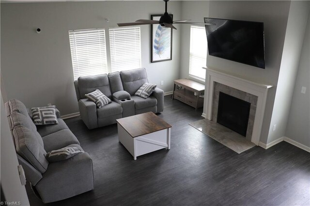 5304 Smoky Ridge Ln, Winston-Salem, NC 27127 - living room with dark wood finished floors, a ceiling fan, baseboards, and a premium fireplace
