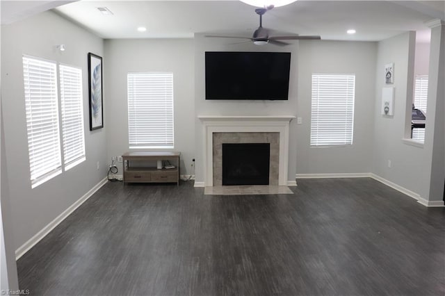 5304 Smoky Ridge Ln, Winston-Salem, NC 27127 - unfurnished living room with a ceiling fan, dark wood-style flooring, baseboards, a tile fireplace, and recessed lighting