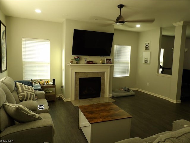 5304 Smoky Ridge Ln, Winston-Salem, NC 27127 - living area with a ceiling fan, dark wood-style floors, a fireplace, baseboards, and recessed lighting