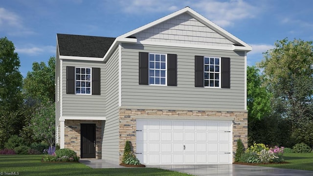 2124 Monk Dr, Haw River, NC 27258 - craftsman-style home featuring stone siding, a front yard, an attached garage, and driveway