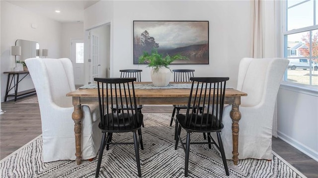 dining area with wood finished floors, a healthy amount of sunlight, and baseboards