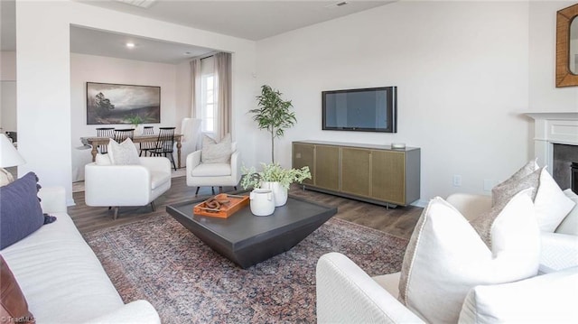 living room featuring a fireplace and wood finished floors