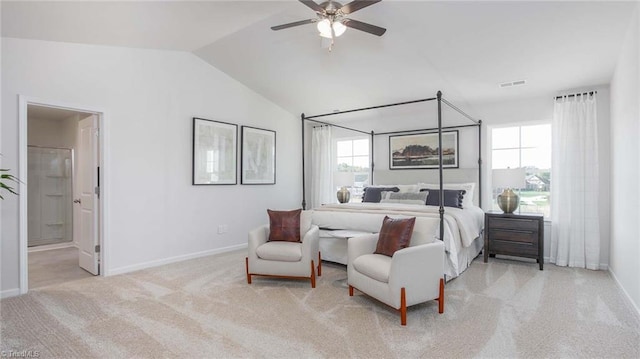 bedroom with multiple windows, carpet floors, lofted ceiling, and visible vents