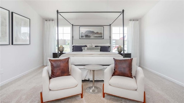 bedroom featuring carpet flooring, multiple windows, and baseboards