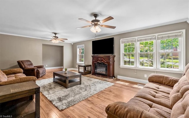 407 Pinedale Dr, Reidsville, NC 27320 - living room with ornamental molding, a ceiling fan, a glass covered fireplace, and light wood-style floors