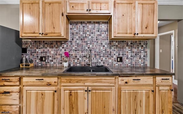 407 Pinedale Dr, Reidsville, NC 27320 - kitchen featuring light brown cabinets, dark countertops, and tasteful backsplash