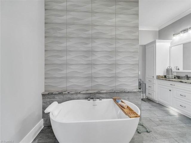 1579 Sunset Pointe Dr, Salisbury, NC 28146 - full bathroom featuring tile walls, a freestanding tub, crown molding, and vanity