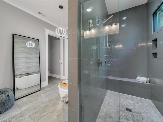 1579 Sunset Pointe Dr, Salisbury, NC 28146 - bathroom featuring visible vents, toilet, ornamental molding, baseboards, and walk in shower