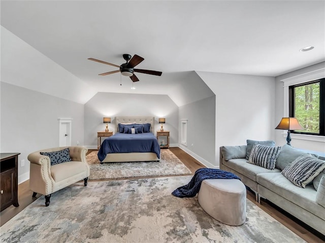 1579 Sunset Pointe Dr, Salisbury, NC 28146 - bedroom featuring lofted ceiling, baseboards, wood finished floors, and ceiling fan
