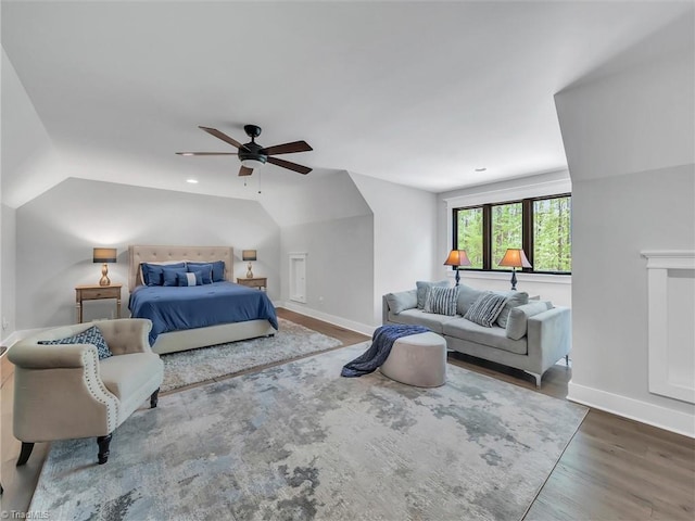 1579 Sunset Pointe Dr, Salisbury, NC 28146 - bedroom with baseboards, vaulted ceiling, wood finished floors, and a ceiling fan