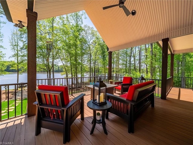 1579 Sunset Pointe Dr, Salisbury, NC 28146 - wooden deck featuring an outdoor living space, a water view, and a ceiling fan