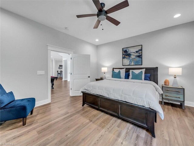 1579 Sunset Pointe Dr, Salisbury, NC 28146 - bedroom with light wood finished floors, baseboards, recessed lighting, and ceiling fan