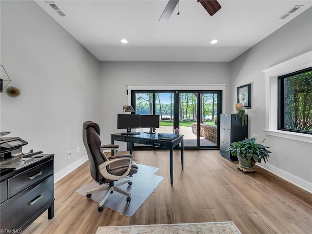 1579 Sunset Pointe Dr, Salisbury, NC 28146 - office space with light wood-type flooring, baseboards, visible vents, and ceiling fan