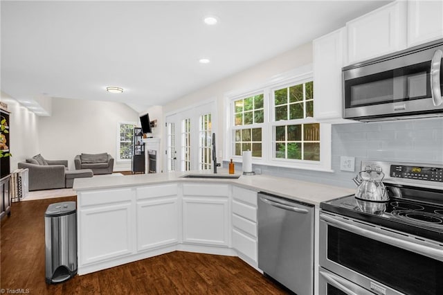 kitchen featuring appliances with stainless steel finishes, open floor plan, light countertops, a sink, and dark wood-style floors