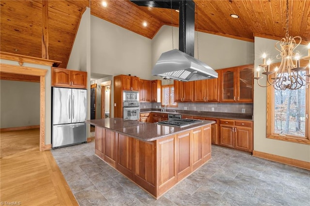 kitchen with backsplash, stainless steel appliances, a center island, island range hood, and wooden ceiling