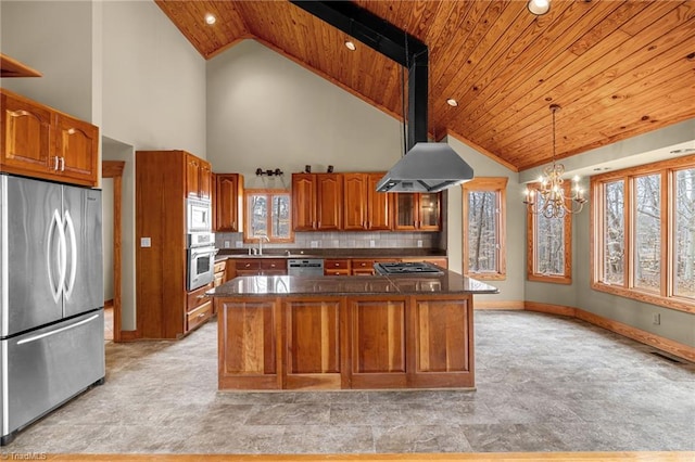 kitchen with sink, wood ceiling, high vaulted ceiling, appliances with stainless steel finishes, and pendant lighting