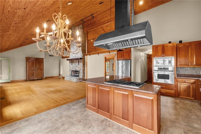 kitchen featuring extractor fan, a kitchen island, appliances with stainless steel finishes, high vaulted ceiling, and wooden ceiling