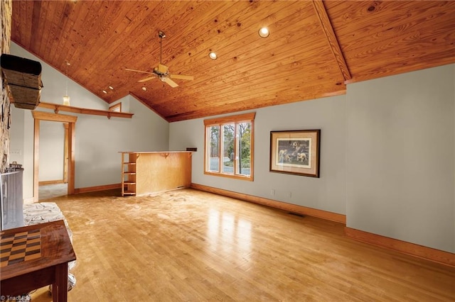 additional living space featuring vaulted ceiling, ceiling fan, light hardwood / wood-style floors, and wooden ceiling