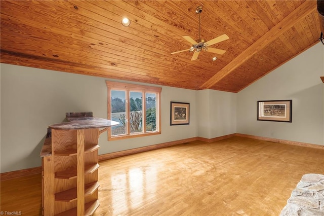bonus room featuring wood ceiling, ceiling fan, lofted ceiling, and light hardwood / wood-style floors
