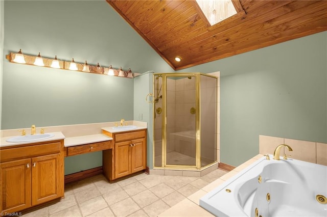 bathroom featuring tile patterned floors, lofted ceiling with skylight, shower with separate bathtub, wooden ceiling, and vanity