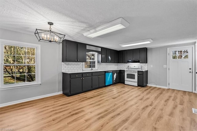 kitchen featuring dishwashing machine, extractor fan, white electric range, and decorative backsplash