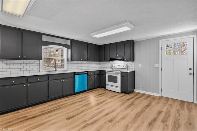 kitchen featuring light wood finished floors, tasteful backsplash, dishwasher, white electric range oven, and a sink