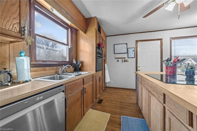 kitchen with sink, black appliances, dark hardwood / wood-style flooring, and plenty of natural light