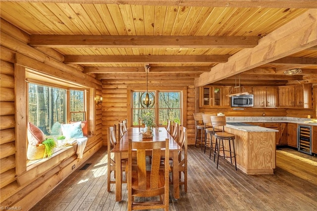 dining area featuring log walls, dark wood finished floors, beam ceiling, wine cooler, and wood ceiling