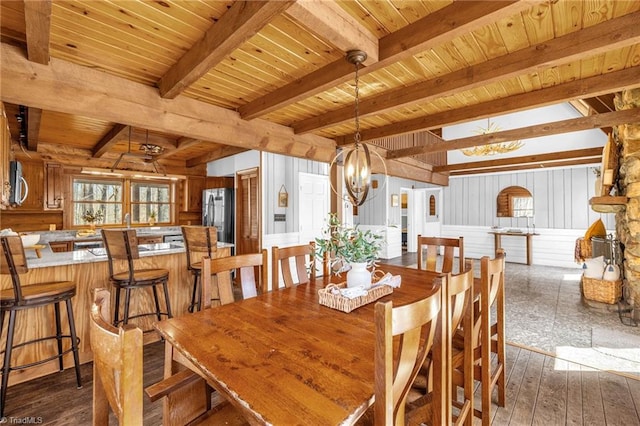 dining area featuring dark wood-style floors, a chandelier, beamed ceiling, and wood ceiling