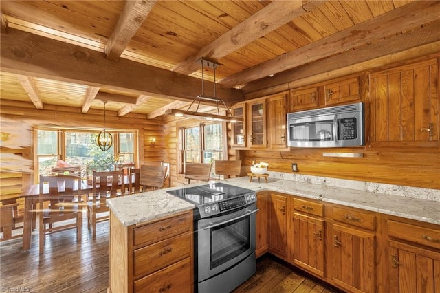 kitchen with stainless steel appliances, a peninsula, brown cabinetry, log walls, and dark wood-style flooring