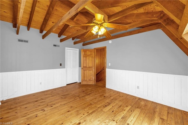 unfurnished living room featuring visible vents, wainscoting, wooden ceiling, and hardwood / wood-style floors