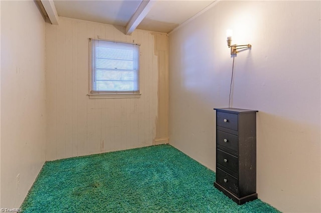 unfurnished bedroom with carpet floors, wood walls, and beam ceiling