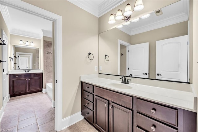 bathroom featuring tile patterned flooring, vanity, and ornamental molding