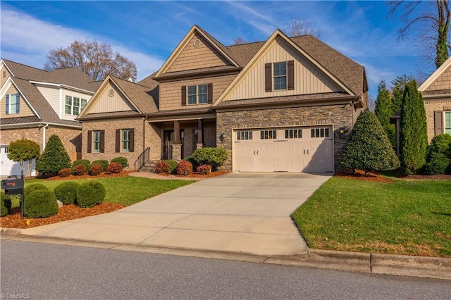 craftsman-style house featuring a front lawn and a garage