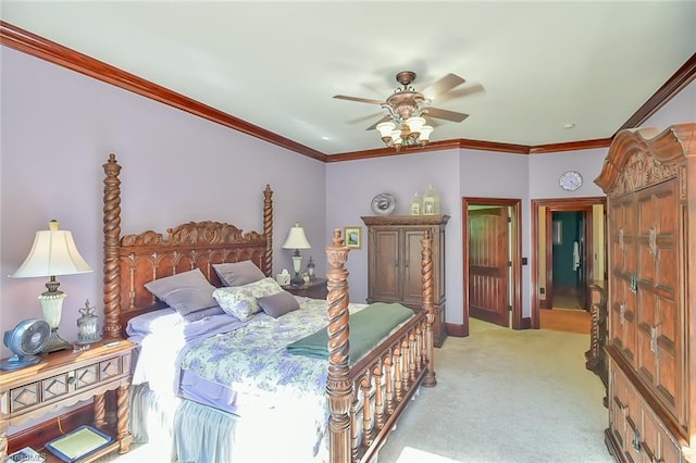 carpeted bedroom featuring ceiling fan and crown molding