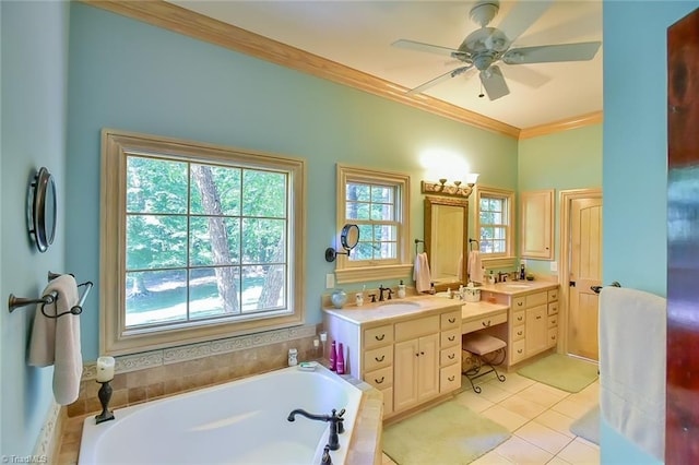 bathroom with a bath, tile patterned flooring, ornamental molding, ceiling fan, and vanity