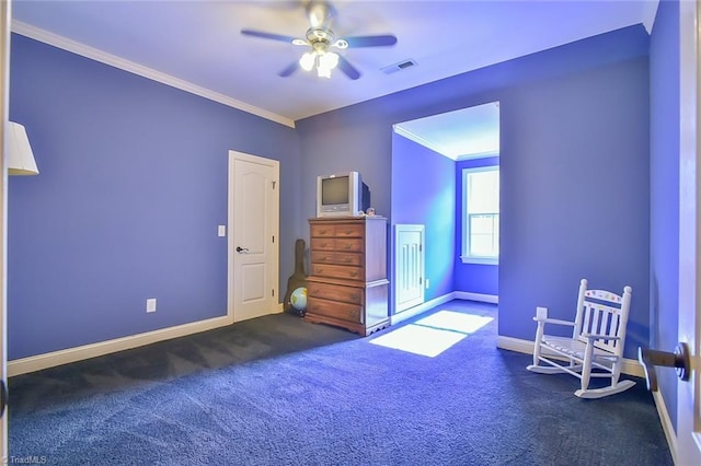 carpeted bedroom with ceiling fan and crown molding