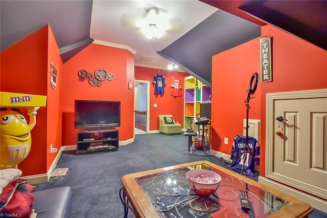 playroom with vaulted ceiling and crown molding