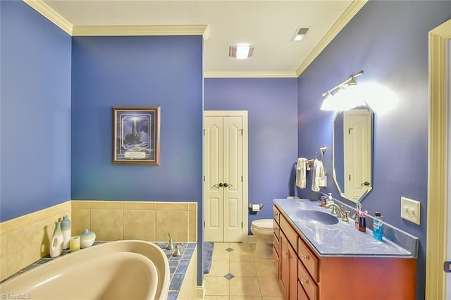 bathroom featuring toilet, a tub, tile patterned flooring, crown molding, and vanity