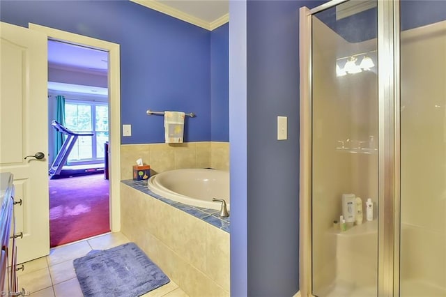 bathroom with crown molding, tile patterned floors, and independent shower and bath