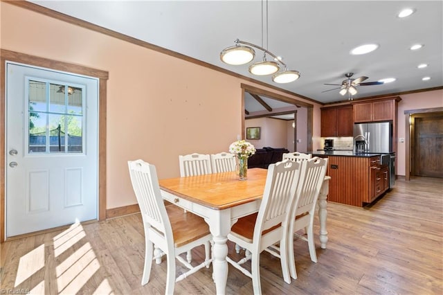 1420 Burnetts Chapel Rd, Greensboro, NC 27407 - dining space featuring ornamental molding, recessed lighting, light wood-style flooring, a ceiling fan, and baseboards