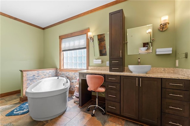 1420 Burnetts Chapel Rd, Greensboro, NC 27407 - bathroom featuring a freestanding tub, vanity, and crown molding
