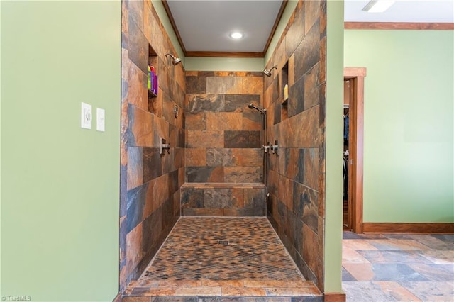 1420 Burnetts Chapel Rd, Greensboro, NC 27407 - full bathroom featuring stone tile flooring, tiled shower, baseboards, and crown molding
