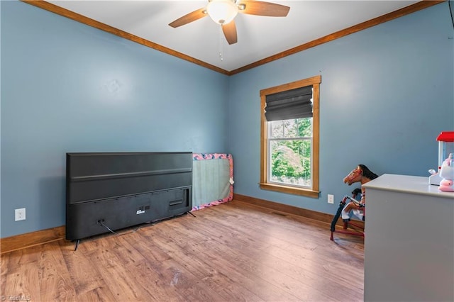 1420 Burnetts Chapel Rd, Greensboro, NC 27407 - bedroom with wood finished floors, ornamental molding, baseboards, and ceiling fan