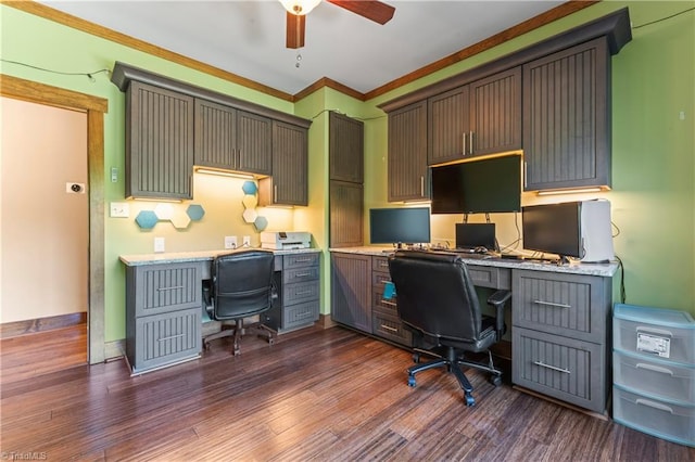 1420 Burnetts Chapel Rd, Greensboro, NC 27407 - office space with a ceiling fan, dark wood-style flooring, and ornamental molding