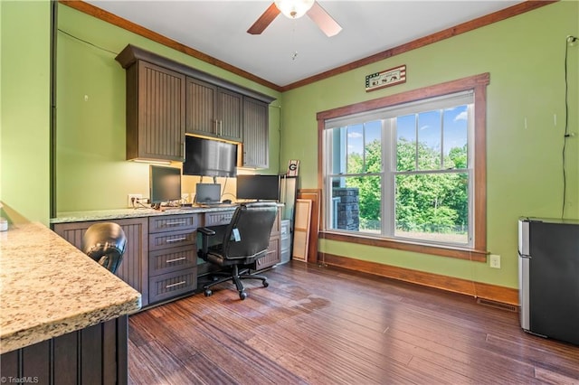 1420 Burnetts Chapel Rd, Greensboro, NC 27407 - office area with ceiling fan, ornamental molding, dark wood-style flooring, and baseboards