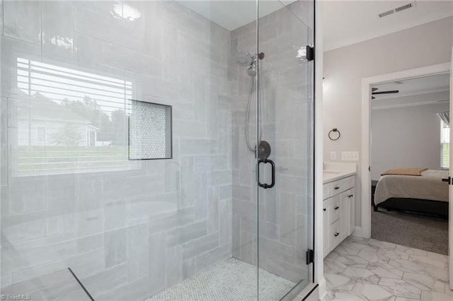 full bath featuring ensuite bath, marble finish floor, vanity, visible vents, and a stall shower