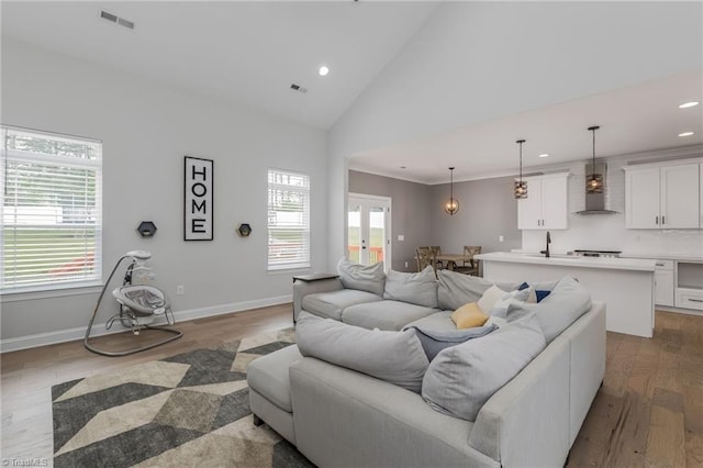 living room with high vaulted ceiling, sink, hardwood / wood-style flooring, and crown molding