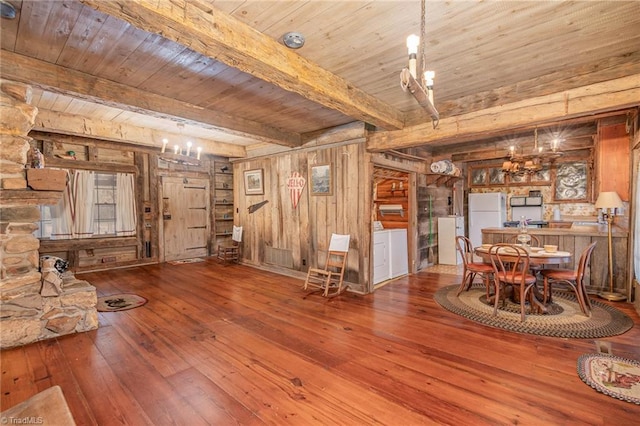 interior space featuring washer / clothes dryer, wooden walls, hardwood / wood-style floors, wood ceiling, and beam ceiling