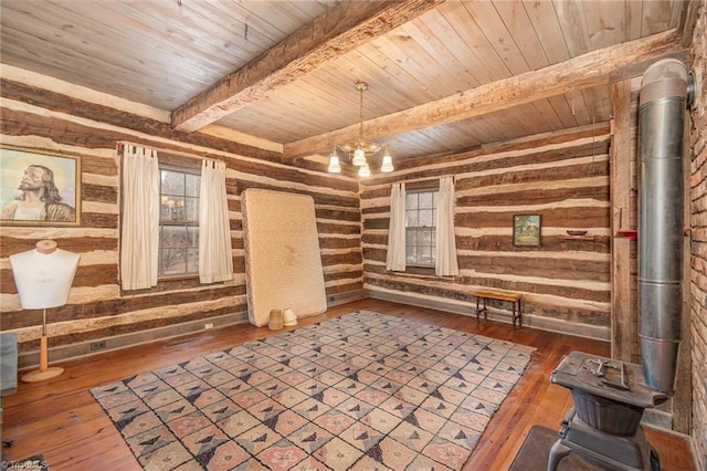 interior space with log walls, beamed ceiling, a chandelier, wood ceiling, and dark wood-type flooring